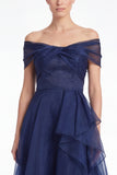 Dark Navy A-Line Off the Shoulder Ruffled High Low Maxi Dress