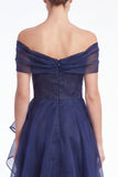 Dark Navy A-Line Off the Shoulder Ruffled High Low Maxi Dress