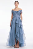 Dark Navy A-Line Off the Shoulder Ruffled High Low Maxi Dress