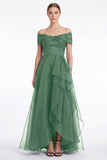 Dark Navy A-Line Off the Shoulder Ruffled High Low Maxi Dress