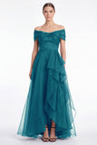 Dark Navy A-Line Off the Shoulder Ruffled High Low Maxi Dress