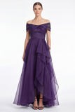 Dark Navy A-Line Off the Shoulder Ruffled High Low Maxi Dress