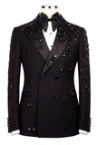 2 Piece Black Double Breasted Peak Lapel Men's Prom Suits with Beading