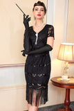Green Golden V-Neck Short Sheer Sleeves Sequins Bodycon 1920S Dress with Fringe