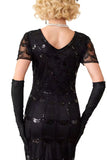 Green Golden V-Neck Short Sheer Sleeves Sequins Bodycon 1920S Dress with Fringe