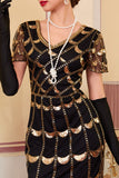 Green Golden V-Neck Short Sheer Sleeves Sequins Bodycon 1920S Dress with Fringe