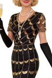 Green Golden V-Neck Short Sheer Sleeves Sequins Bodycon 1920S Dress with Fringe