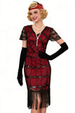 Green Golden V-Neck Short Sheer Sleeves Sequins Bodycon 1920S Dress with Fringe