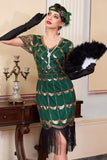 Green Golden V-Neck Short Sheer Sleeves Sequins Bodycon 1920S Dress with Fringe