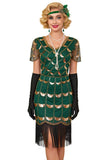 Green Golden V-Neck Short Sheer Sleeves Sequins Bodycon 1920S Dress with Fringe