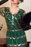 Green Golden V-Neck Short Sheer Sleeves Sequins Bodycon 1920S Dress with Fringe