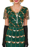 Green Golden V-Neck Short Sheer Sleeves Sequins Bodycon 1920S Dress with Fringe