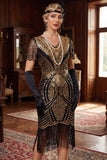 Red Golden V-Neck Sequins Bodycon Short 1920s Dress with Fringe Hem