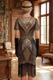 Red Golden V-Neck Sequins Bodycon Short 1920s Dress with Fringe Hem