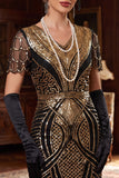 Red Golden V-Neck Sequins Bodycon Short 1920s Dress with Fringe Hem