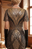 Red Golden V-Neck Sequins Bodycon Short 1920s Dress with Fringe Hem