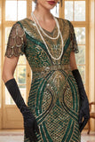 Red Golden V-Neck Sequins Bodycon Short 1920s Dress with Fringe Hem