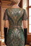 Red Golden V-Neck Sequins Bodycon Short 1920s Dress with Fringe Hem