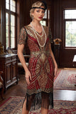 Red Golden V-Neck Sequins Bodycon Short 1920s Dress with Fringe Hem