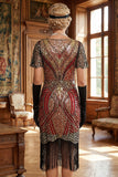Red Golden V-Neck Sequins Bodycon Short 1920s Dress with Fringe Hem