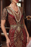 Red Golden V-Neck Sequins Bodycon Short 1920s Dress with Fringe Hem