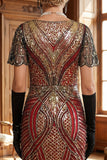 Red Golden V-Neck Sequins Bodycon Short 1920s Dress with Fringe Hem