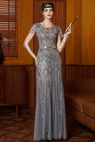 Sparkly Grey Round Neck Flutter Sleeves Sheath Long 1920s Dress with Sequins