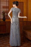 Sparkly Grey Round Neck Flutter Sleeves Sheath Long 1920s Dress with Sequins