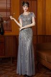 Sparkly Grey Round Neck Flutter Sleeves Sheath Long 1920s Dress with Sequins