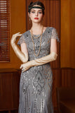 Sparkly Grey Round Neck Flutter Sleeves Sheath Long 1920s Dress with Sequins