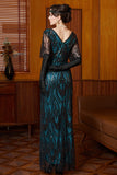 Black Blue Sequin V-Neck Half Sleeves Sheath Long 1920s Dress with Beading