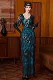 Black Blue Sequin V-Neck Half Sleeves Sheath Long 1920s Dress with Beading