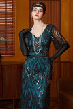 Black Blue Sequin V-Neck Half Sleeves Sheath Long 1920s Dress with Beading