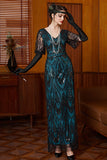 Black Blue Sequin V-Neck Half Sleeves Sheath Long 1920s Dress with Beading
