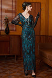Black Blue Sequin V-Neck Half Sleeves Sheath Long 1920s Dress with Beading