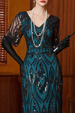 Black Blue Sequin V-Neck Half Sleeves Sheath Long 1920s Dress with Beading