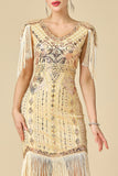 Sparkly Bodycon V-Neck Sequins Fringed Shoulder Sleeves 1920s Dress