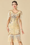 Sparkly Bodycon V-Neck Sequins Fringed Shoulder Sleeves 1920s Dress