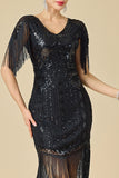 Sparkly Bodycon V-Neck Sequins Fringed Shoulder Sleeves 1920s Dress