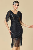 Sparkly Bodycon V-Neck Sequins Fringed Shoulder Sleeves 1920s Dress