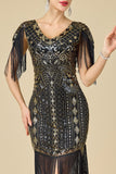 Sparkly Bodycon V-Neck Sequins Fringed Shoulder Sleeves 1920s Dress