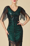 Sparkly Bodycon V-Neck Sequins Fringed Shoulder Sleeves 1920s Dress