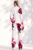 White Blue Flower Printed Notched Lapel Pantsuits Women Prom Suits