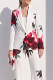 White Blue Flower Printed Notched Lapel Pantsuits Women Prom Suits