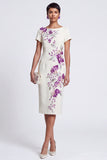 White Sheath Boat Neck Floral Embroidery Sequins Midi Work Dress with 3D Appliques