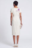 White Sheath Boat Neck Floral Embroidery Sequins Midi Work Dress with 3D Appliques