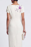 White Sheath Boat Neck Floral Embroidery Sequins Midi Work Dress with 3D Appliques
