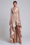 Khaki Fitted Peak Lapel Ruffled High-Low Work Dress