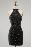 Black Bodycon Halter Pearls Beaded Short Homecoming Dress with Lace Up Back