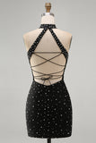 Black Bodycon Halter Pearls Beaded Short Homecoming Dress with Lace Up Back